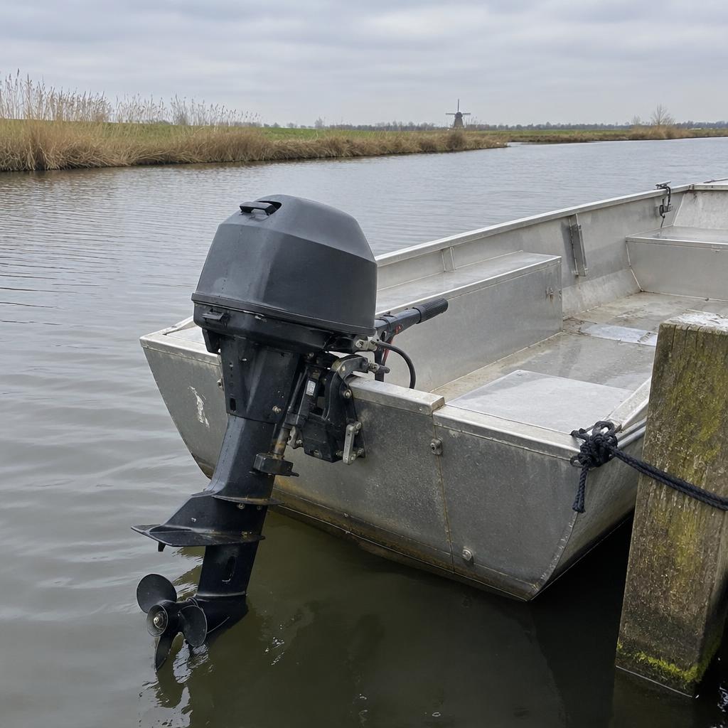 Buitenboordmotor op een kleine boot aan een steiger
